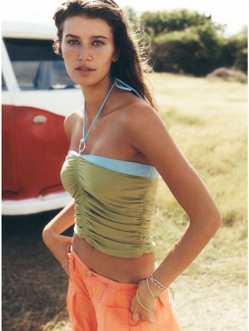 Anthropologie Olive Green Ruched Halter Cami with Light Blue Trim